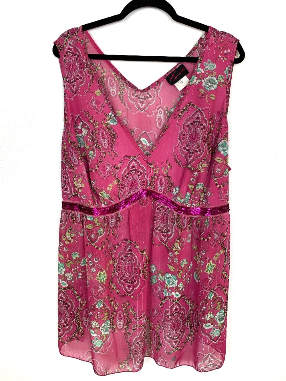 Torrid Sleeveless Blouse Womens 4X Pink Floral Babydoll Sequins Boho Fairy